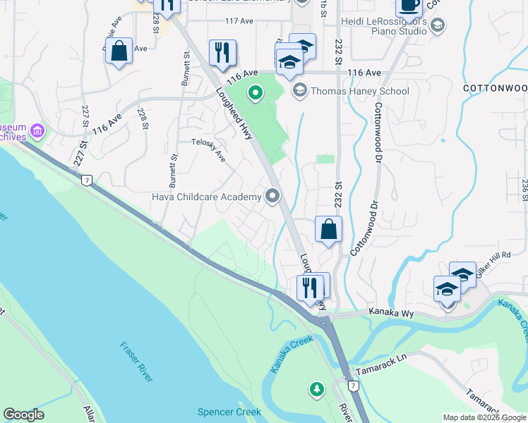 map of restaurants, bars, coffee shops, grocery stores, and more near 11280 Pazarena Place in Maple Ridge