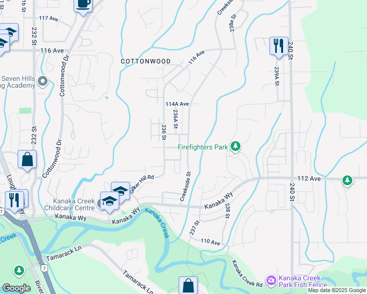 map of restaurants, bars, coffee shops, grocery stores, and more near 11279 Creekside Street in Maple Ridge