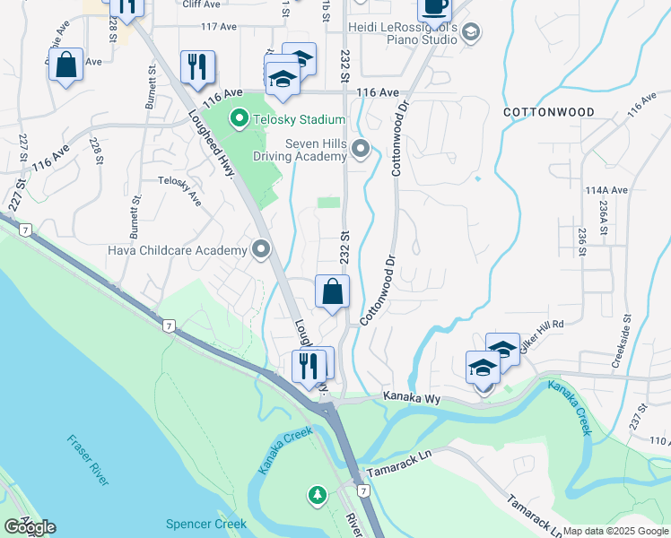 map of restaurants, bars, coffee shops, grocery stores, and more near 23188 113 Avenue in Maple Ridge