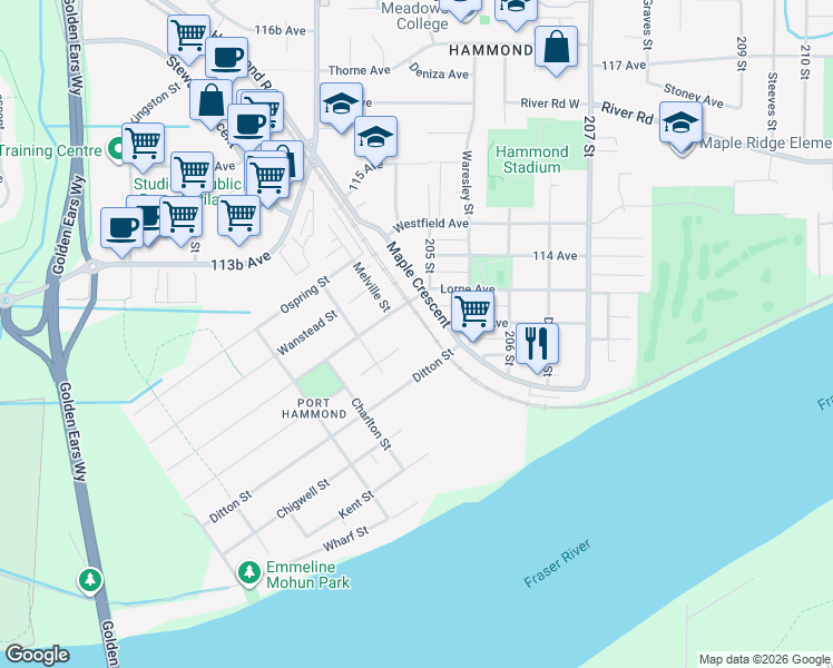 map of restaurants, bars, coffee shops, grocery stores, and more near 20430 Lorne Avenue in Maple Ridge