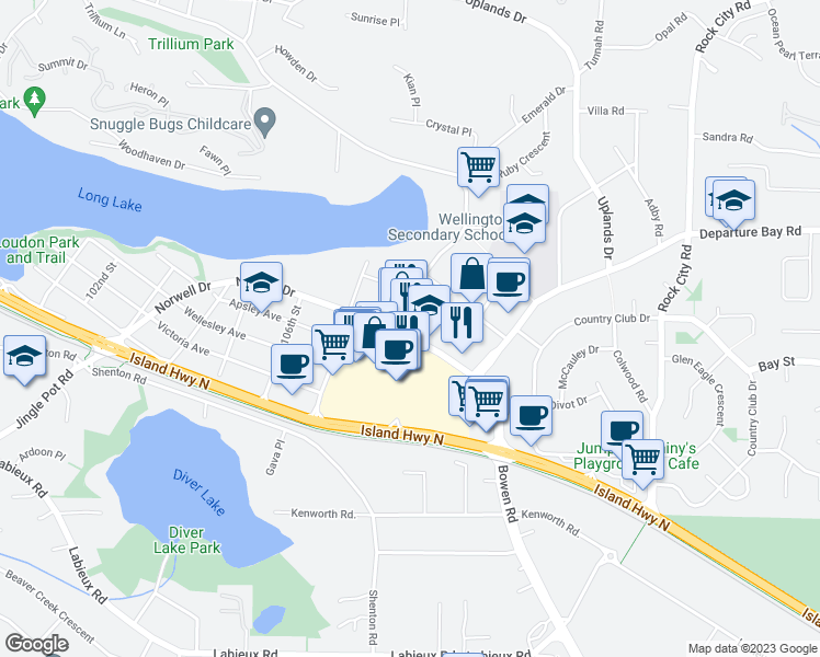 map of restaurants, bars, coffee shops, grocery stores, and more near 3300 Norwell Drive in Nanaimo