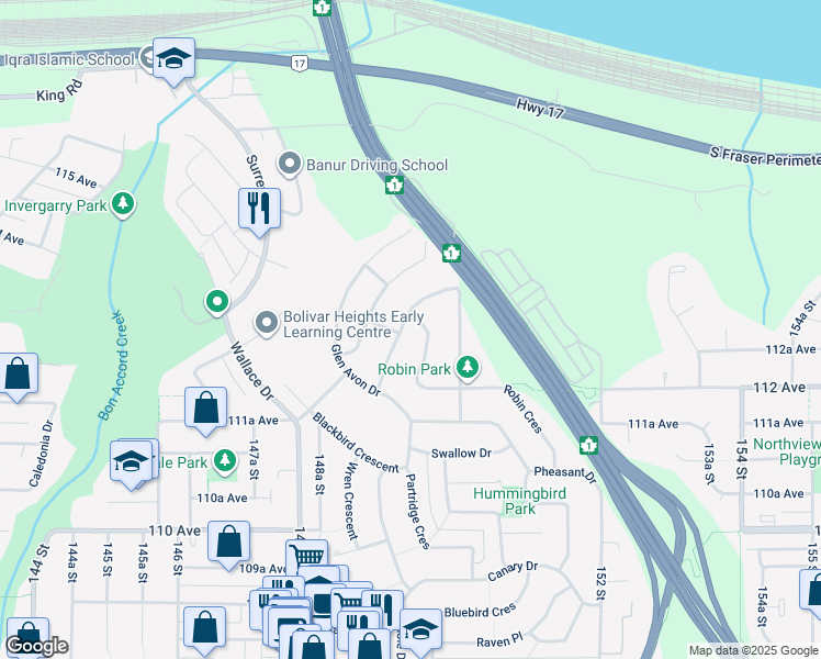 map of restaurants, bars, coffee shops, grocery stores, and more near 11298 Lansdowne Drive in Surrey