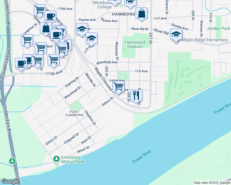map of restaurants, bars, coffee shops, grocery stores, and more near 10570 Maple Crescent in Maple Ridge