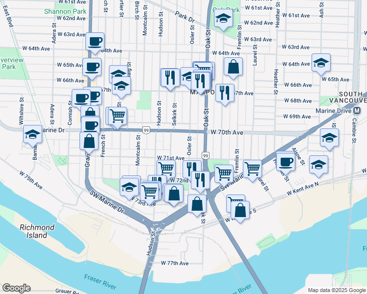 map of restaurants, bars, coffee shops, grocery stores, and more near 8645 Osler Street in Vancouver