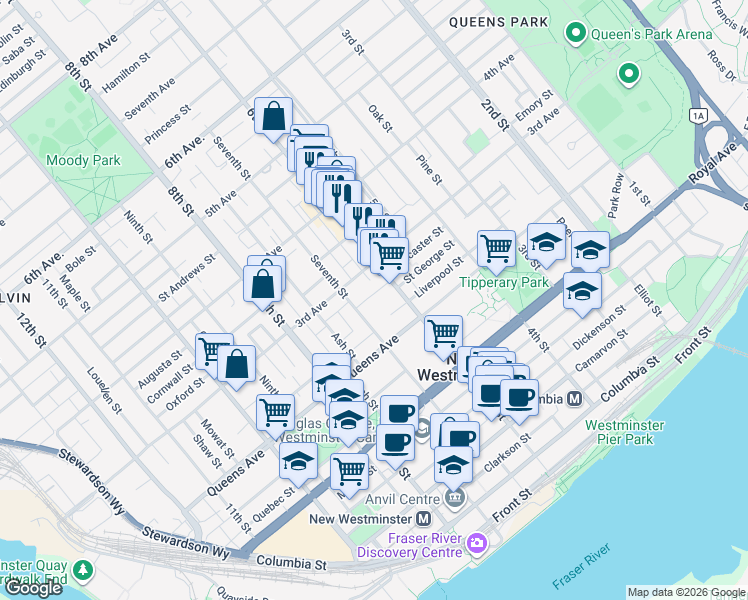 map of restaurants, bars, coffee shops, grocery stores, and more near 610 Welsh Street in New Westminster
