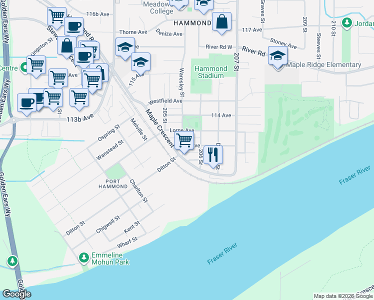 map of restaurants, bars, coffee shops, grocery stores, and more near 20556 113 Avenue in Maple Ridge