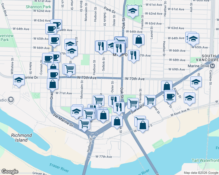 map of restaurants, bars, coffee shops, grocery stores, and more near 8645 Osler Street in Vancouver