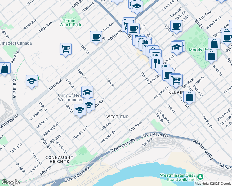 map of restaurants, bars, coffee shops, grocery stores, and more near 1504 8th Avenue in New Westminster
