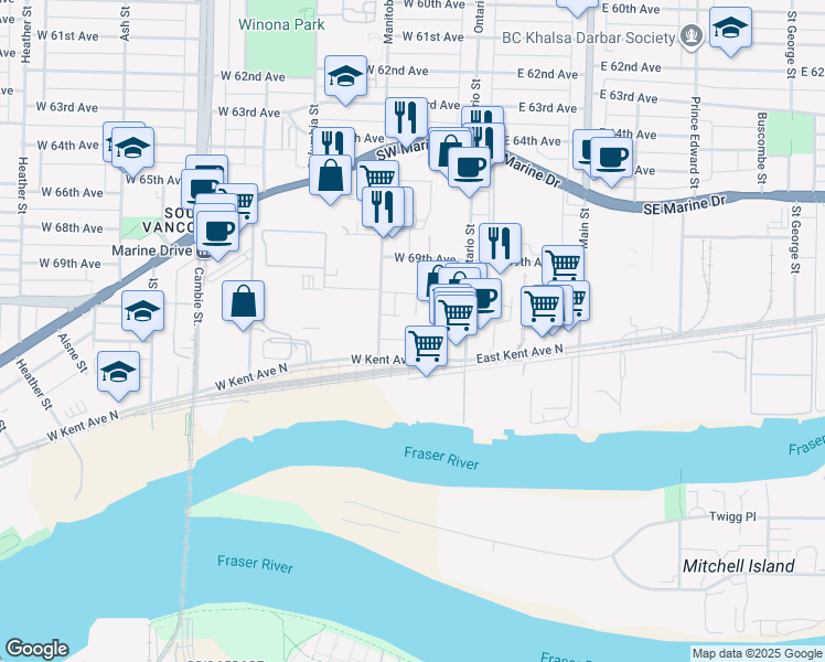 map of restaurants, bars, coffee shops, grocery stores, and more near in Vancouver