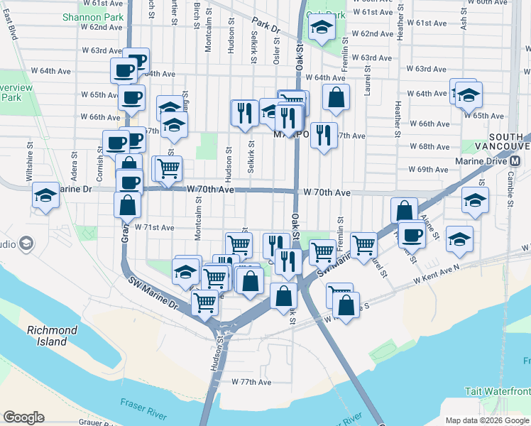 map of restaurants, bars, coffee shops, grocery stores, and more near in Vancouver