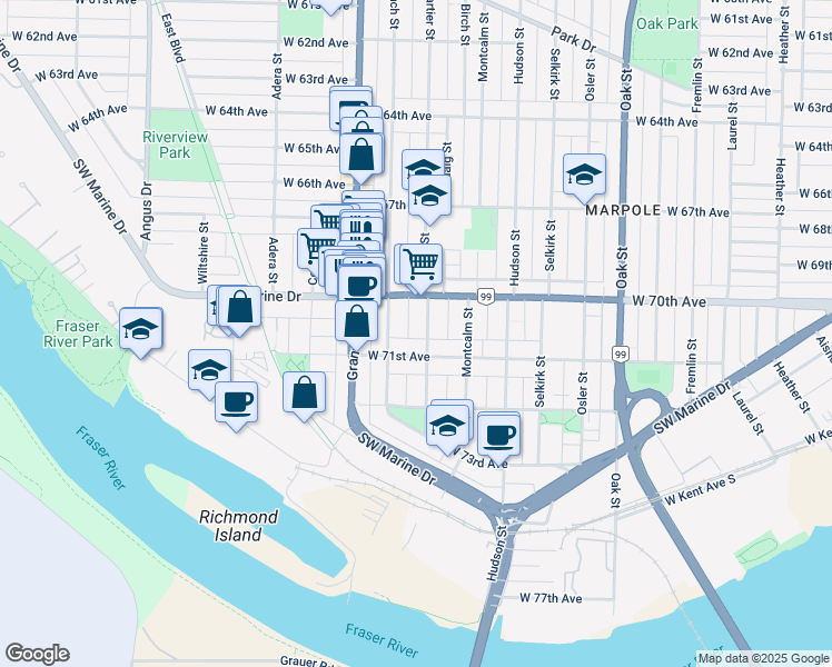 map of restaurants, bars, coffee shops, grocery stores, and more near 8679 Cartier Street in Vancouver