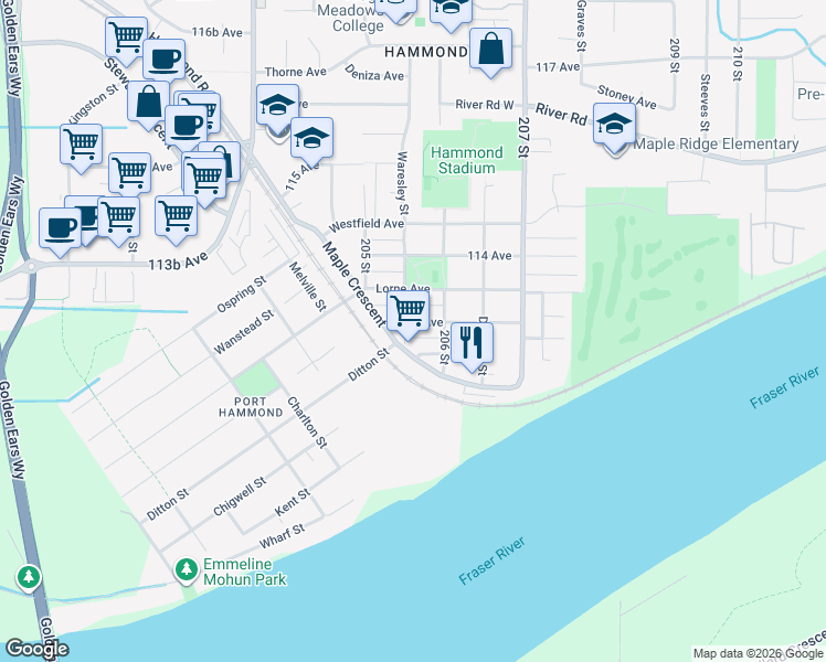 map of restaurants, bars, coffee shops, grocery stores, and more near 20556 113 Avenue in Maple Ridge