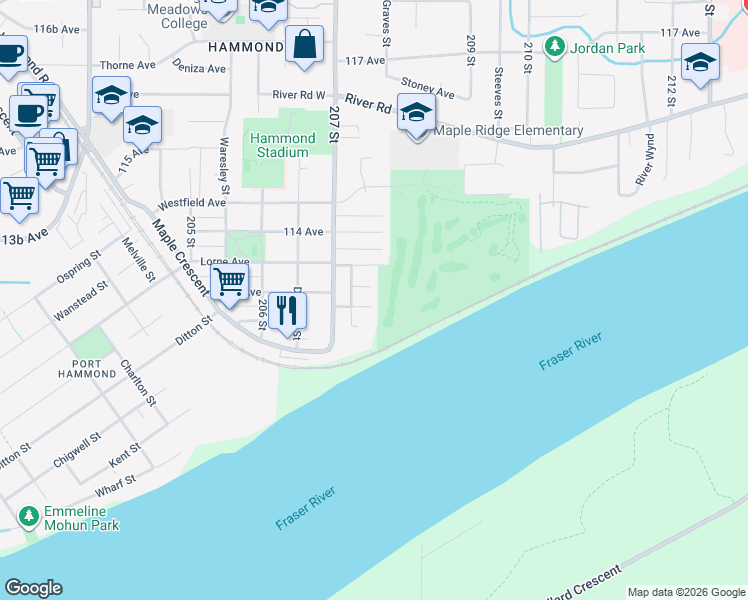 map of restaurants, bars, coffee shops, grocery stores, and more near 20761 113 Avenue in Maple Ridge