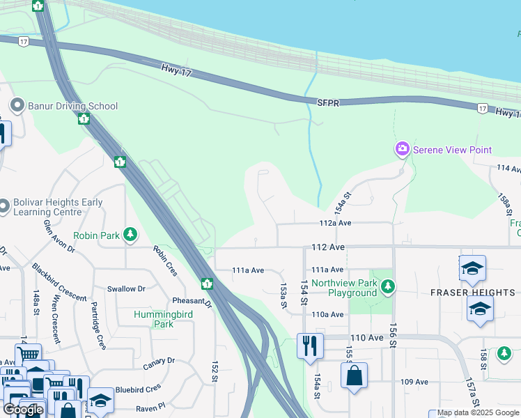 map of restaurants, bars, coffee shops, grocery stores, and more near 11293 153A Street in Surrey