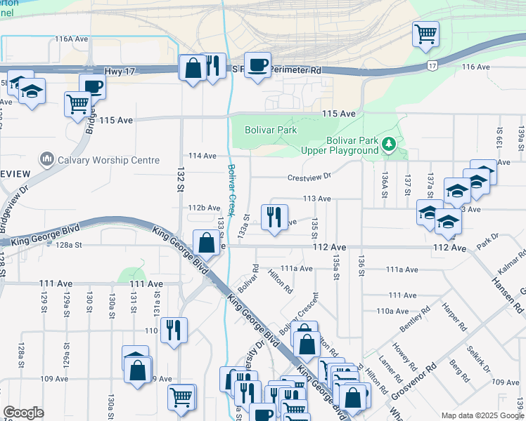 map of restaurants, bars, coffee shops, grocery stores, and more near 11277 134 Street in Surrey
