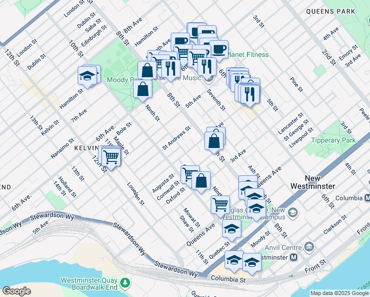 map of restaurants, bars, coffee shops, grocery stores, and more near 403 Ninth Street in New Westminster