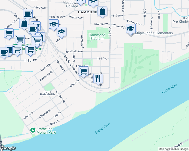 map of restaurants, bars, coffee shops, grocery stores, and more near 20616 113 Avenue in Maple Ridge