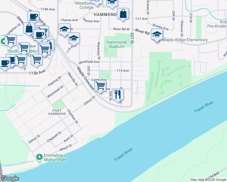 map of restaurants, bars, coffee shops, grocery stores, and more near 20616 113 Avenue in Maple Ridge