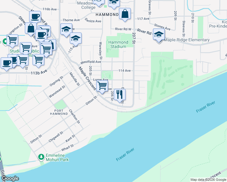 map of restaurants, bars, coffee shops, grocery stores, and more near 20616 113 Avenue in Maple Ridge