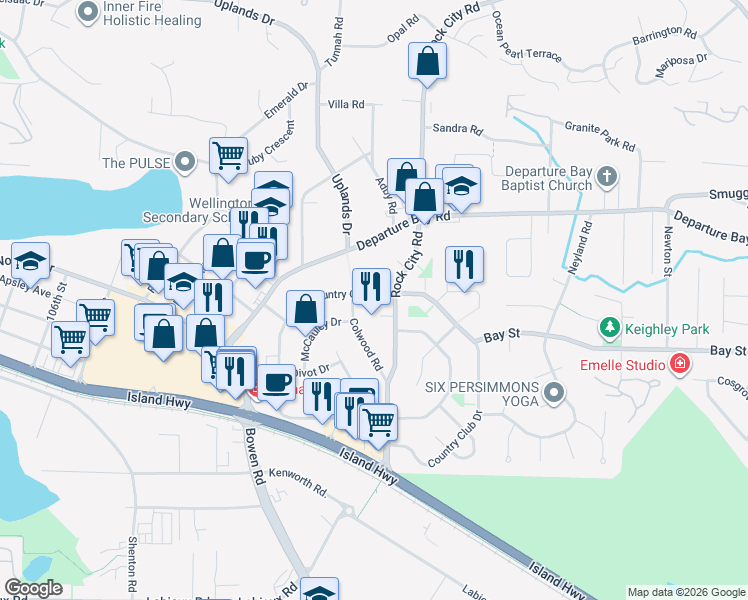 map of restaurants, bars, coffee shops, grocery stores, and more near 3519 Country Club Drive in Nanaimo
