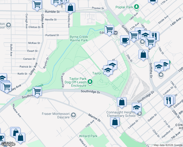map of restaurants, bars, coffee shops, grocery stores, and more near 7488 Byrnepark Walk in Burnaby