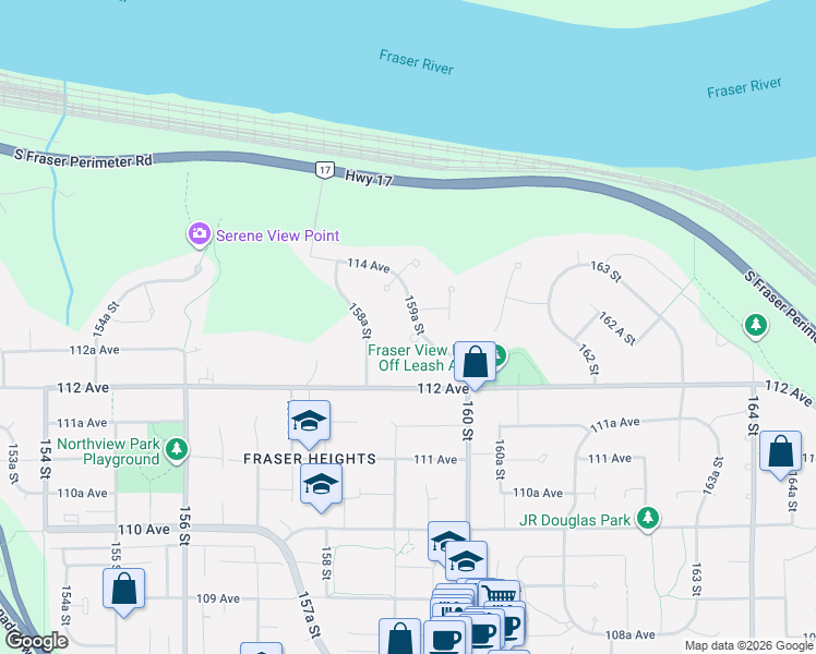 map of restaurants, bars, coffee shops, grocery stores, and more near 11287 159A Street in Surrey