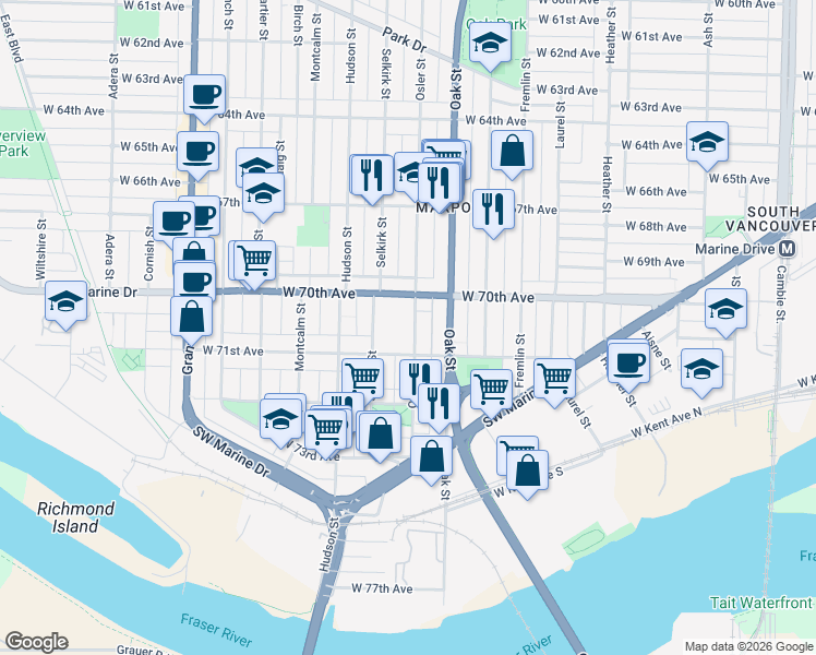 map of restaurants, bars, coffee shops, grocery stores, and more near 8645 Osler Street in Vancouver