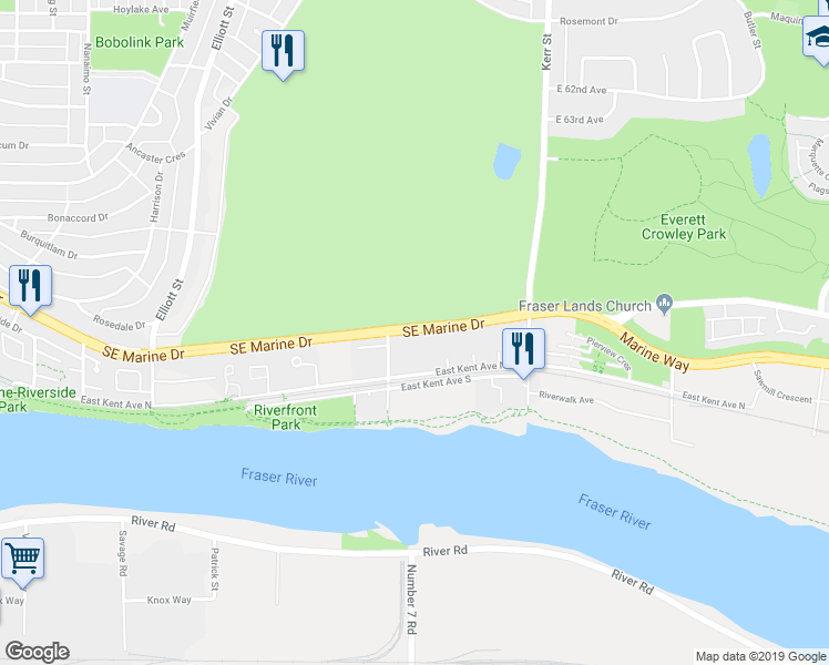 map of restaurants, bars, coffee shops, grocery stores, and more near 284 Southeast Marine Drive in Vancouver