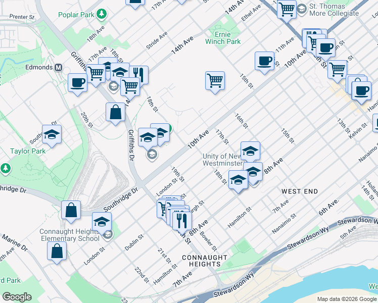 map of restaurants, bars, coffee shops, grocery stores, and more near 1810 Tenth Avenue in New Westminster