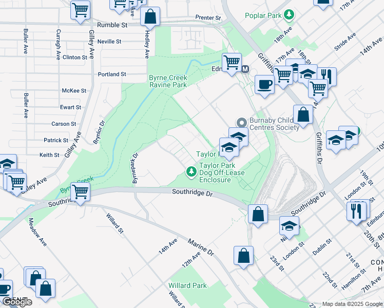 map of restaurants, bars, coffee shops, grocery stores, and more near 7488 Byrnepark Walk in Burnaby