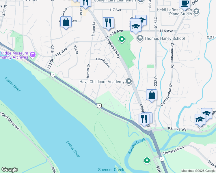 map of restaurants, bars, coffee shops, grocery stores, and more near 11315 230 Street in Maple Ridge