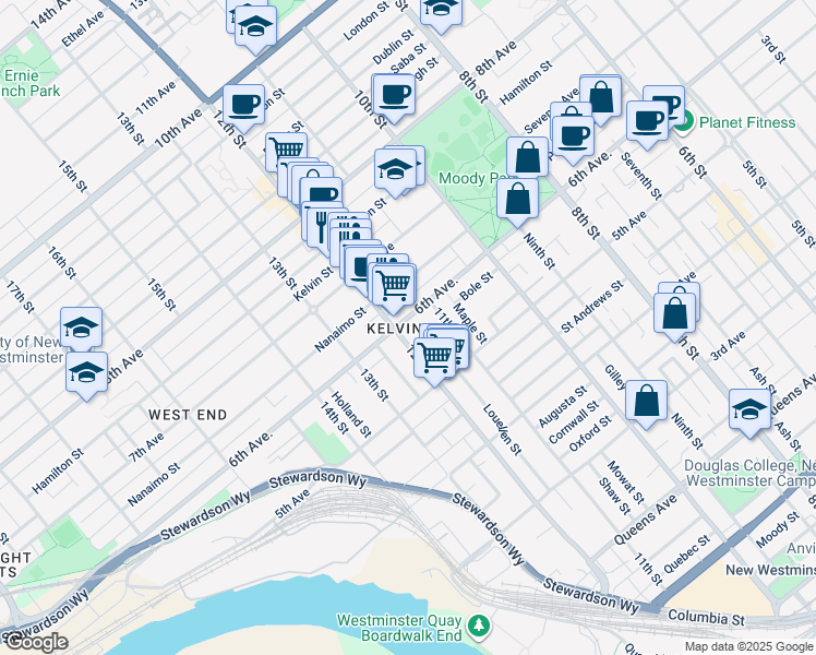 map of restaurants, bars, coffee shops, grocery stores, and more near 1128 6th Avenue in New Westminster