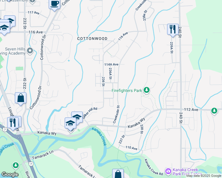 map of restaurants, bars, coffee shops, grocery stores, and more near 11279 Creekside Lane in Maple Ridge