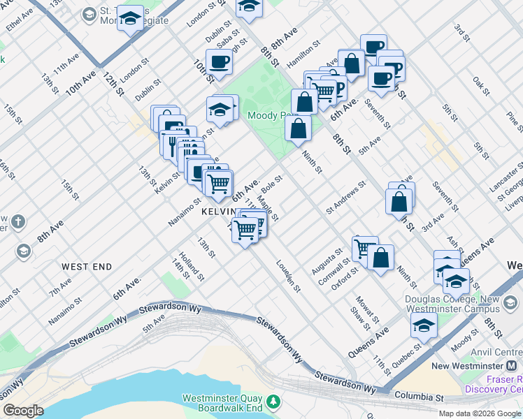 map of restaurants, bars, coffee shops, grocery stores, and more near 515 11th Street in New Westminster