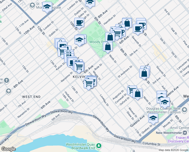 map of restaurants, bars, coffee shops, grocery stores, and more near 515 11th Street in New Westminster