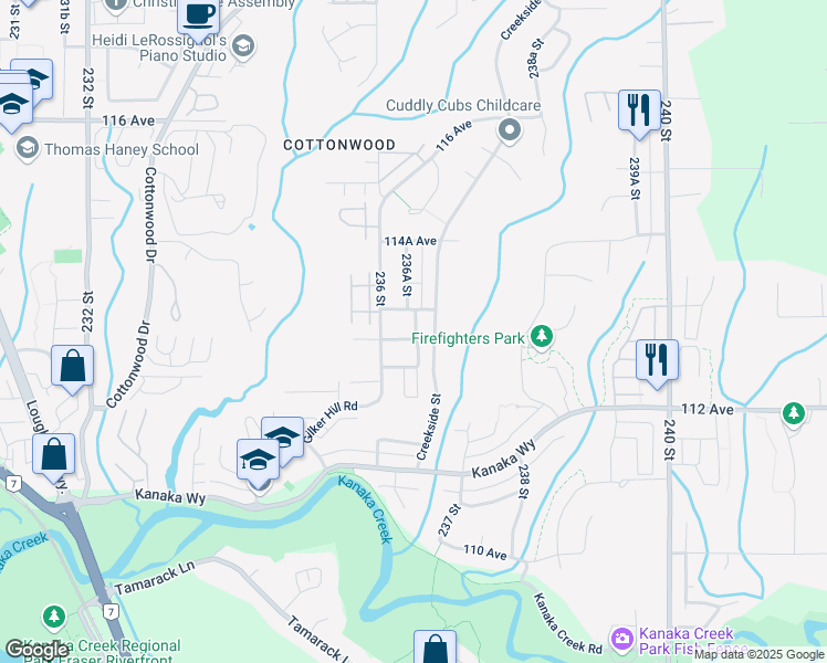 map of restaurants, bars, coffee shops, grocery stores, and more near 25555 112B Avenue in Maple Ridge