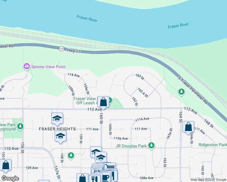 map of restaurants, bars, coffee shops, grocery stores, and more near 11328 161 Street in Surrey