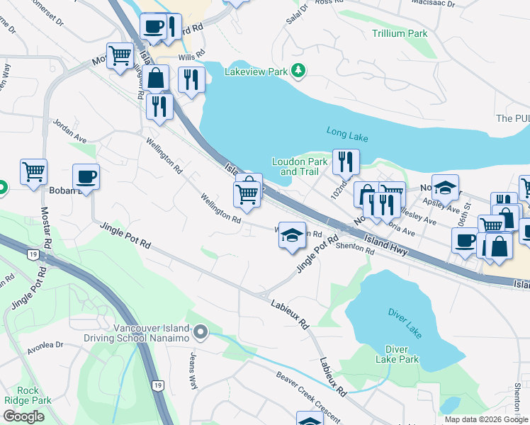 map of restaurants, bars, coffee shops, grocery stores, and more near 4300 Wellington Road in Nanaimo