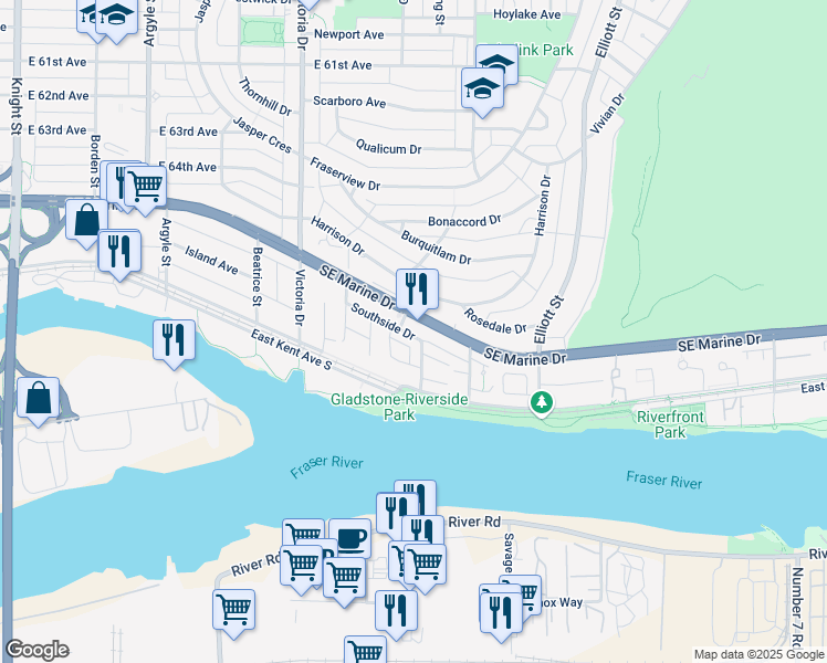 map of restaurants, bars, coffee shops, grocery stores, and more near 2231 Southside Drive in Vancouver