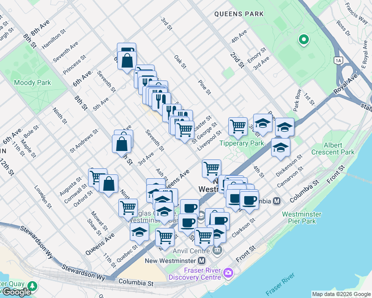 map of restaurants, bars, coffee shops, grocery stores, and more near 214 6th Street in New Westminster