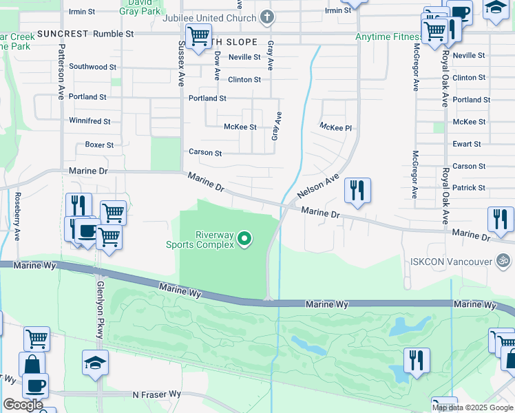 map of restaurants, bars, coffee shops, grocery stores, and more near 4610 Marine Drive in Burnaby