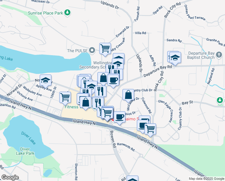 map of restaurants, bars, coffee shops, grocery stores, and more near 3193 Barons Road in Nanaimo