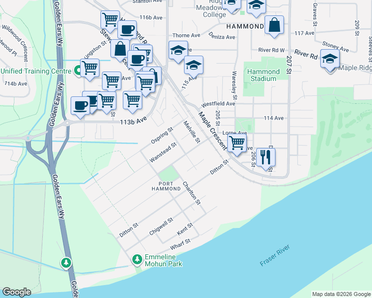 map of restaurants, bars, coffee shops, grocery stores, and more near 20366 Lorne Avenue in Maple Ridge