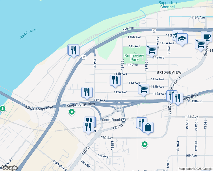 map of restaurants, bars, coffee shops, grocery stores, and more near 12460 113 Avenue in Surrey