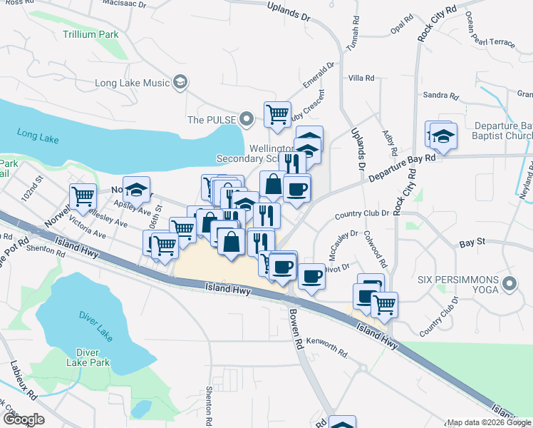 map of restaurants, bars, coffee shops, grocery stores, and more near 3185 Barons Road in Nanaimo