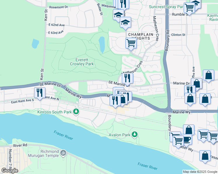map of restaurants, bars, coffee shops, grocery stores, and more near 3461 Amberly Place in Vancouver