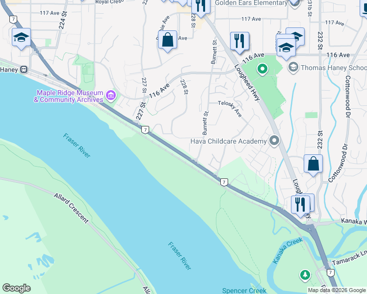 map of restaurants, bars, coffee shops, grocery stores, and more near 11285 Burnett Street in Maple Ridge