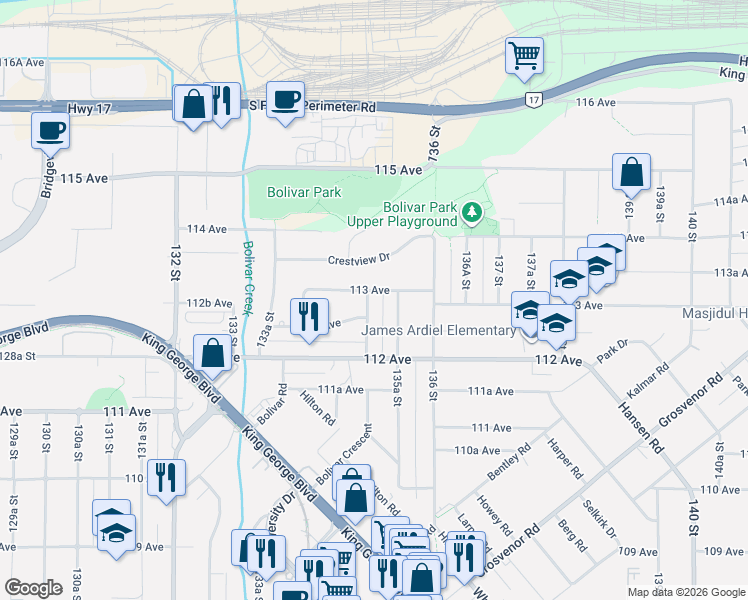 map of restaurants, bars, coffee shops, grocery stores, and more near 11288 135 Street in Surrey