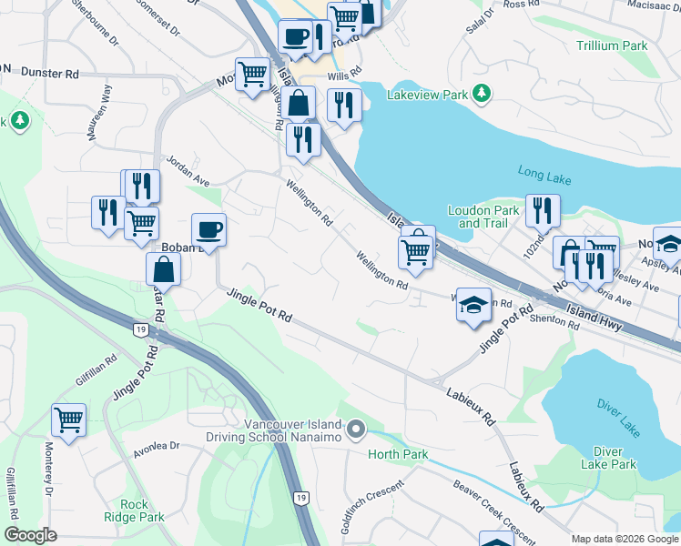 map of restaurants, bars, coffee shops, grocery stores, and more near 151 Sunview Road in Nanaimo