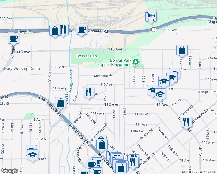 map of restaurants, bars, coffee shops, grocery stores, and more near 13520 113 Avenue in Surrey
